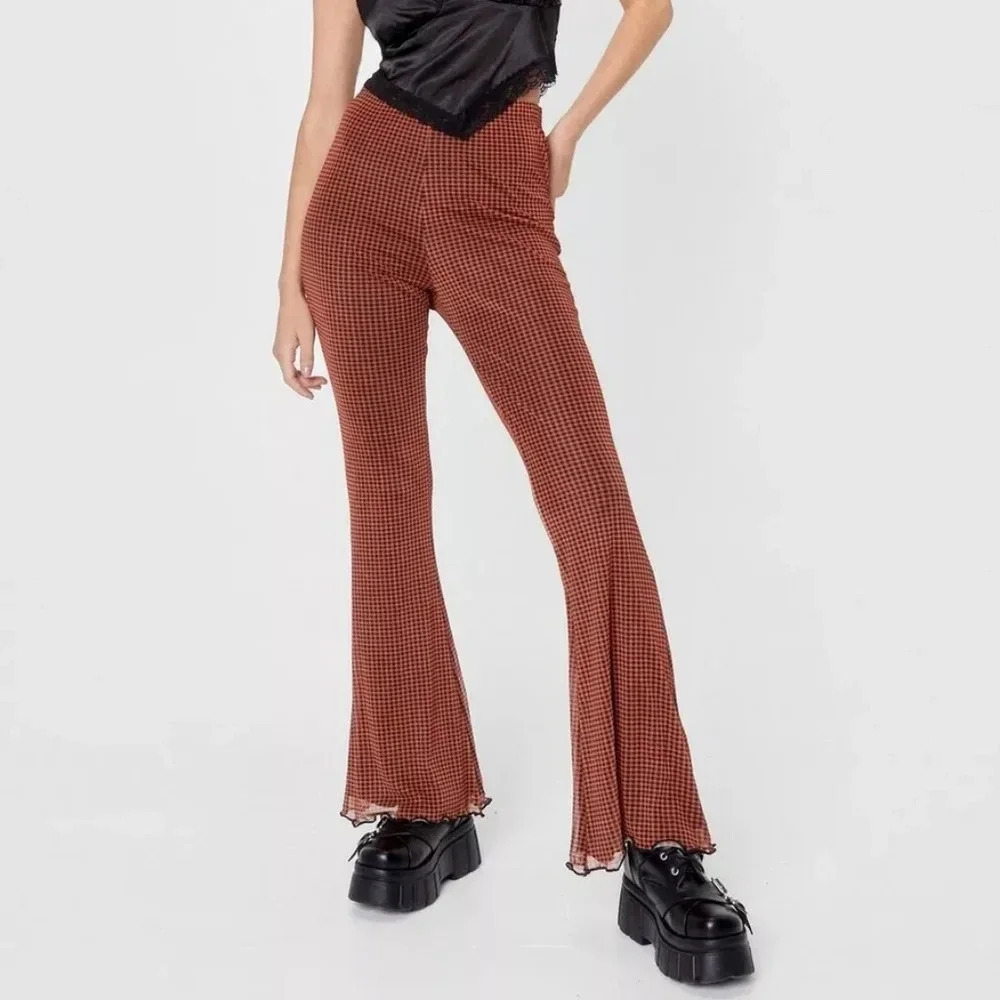 Nasty Gal Gingham Mesh High Waisted Flare Pants, Color Orange/Black Size 4